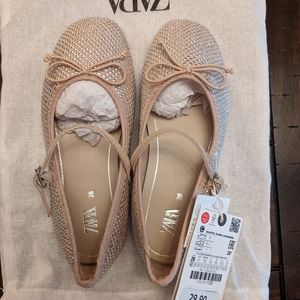 Zara girl sparkling flats, size 11, beige
